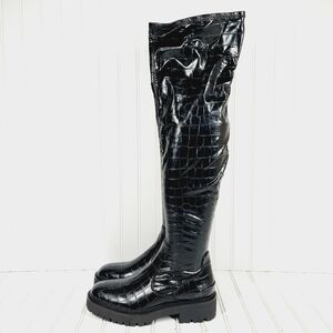 New Sarto Studio Fera Black Croc Print Knee High Winter Boots M576